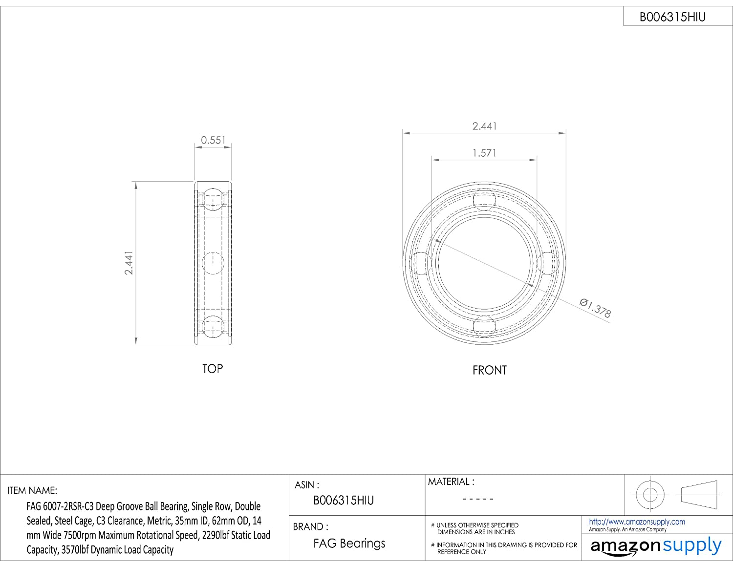 FAG 6007-2RSR-C3 Deep Groove Ball Bearing